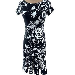 "LAUREN RALPH LAUREN" Black Roses, Peplum‎ Dress, Size XS, SEE PICSMISSING BELT